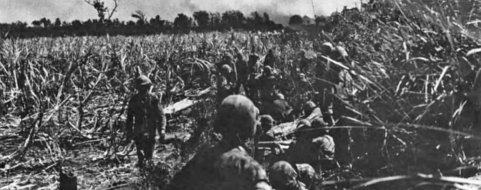 Marine riflemen advance through the cane fields toward Kagman Peninsula