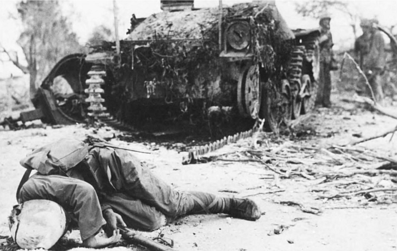 The aftermath of a Japanese tank-led counterattack against Marine lines